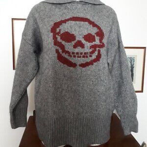 Skull Cashmere/Wool Sweater Hoodie - Sz. Medium - Grey with Burgundy red Skull